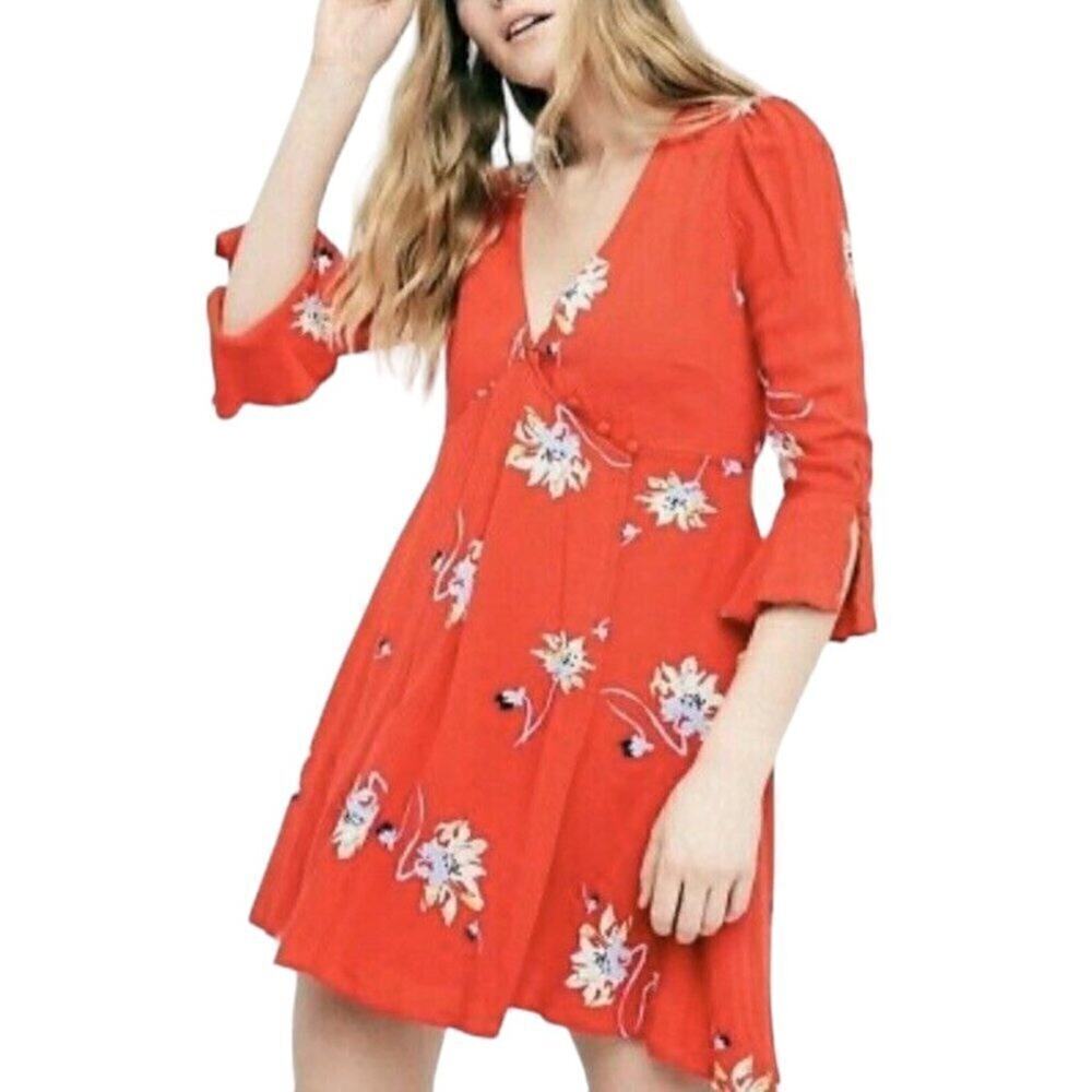 Free People Women's Red Floral Time On My Side Mini Wrap Dress Size XS